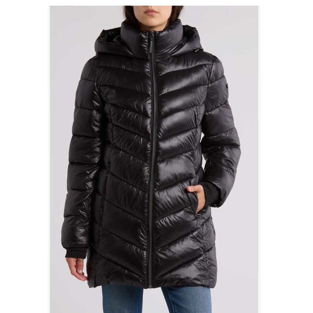 BCBGMAXAZRIA Packable Premium Down Travel Puffer Jacket Black Large Luxury